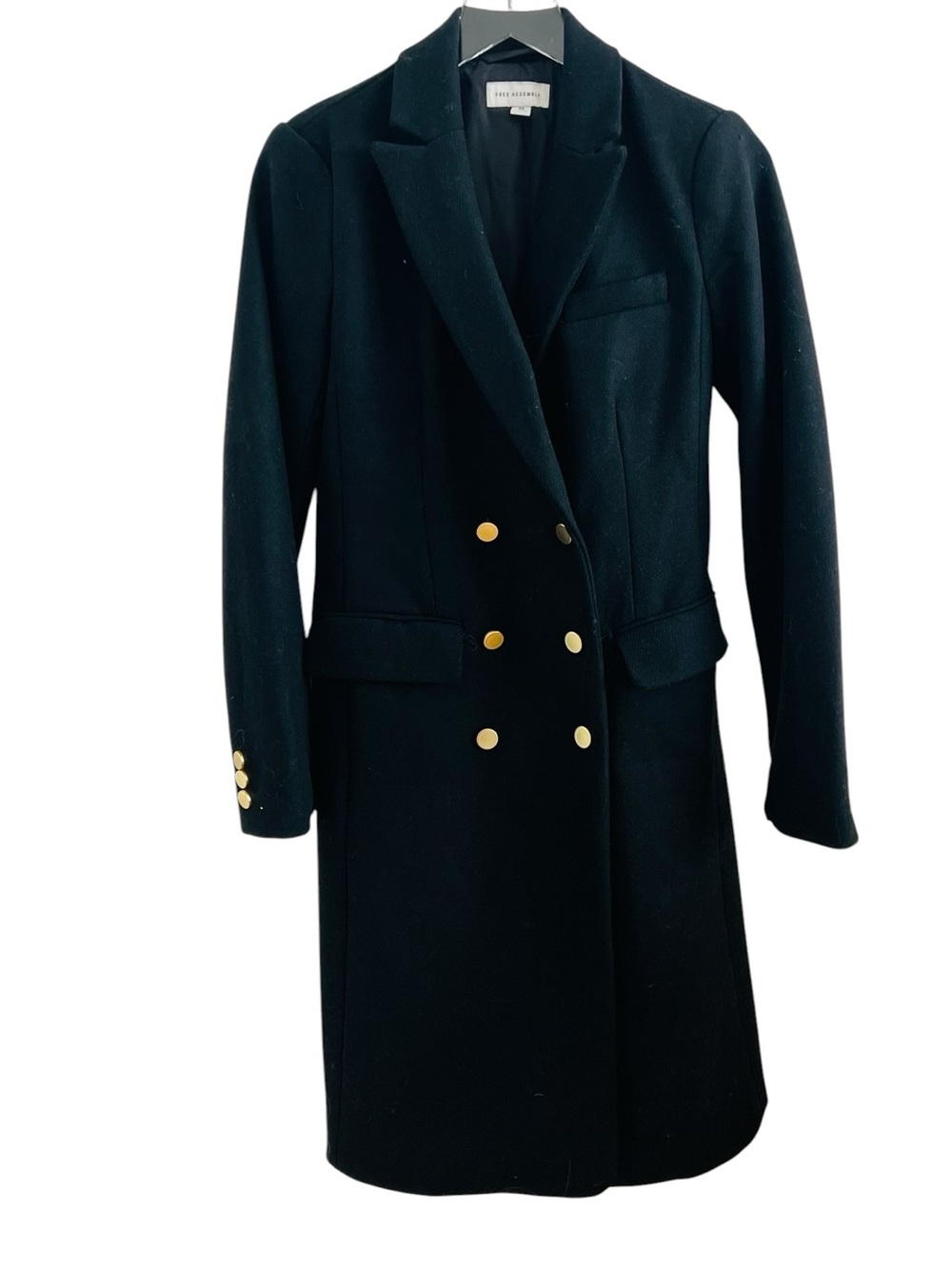 Free Assembly Black Double-Breasted Wool Pea Coat with Gold Buttons